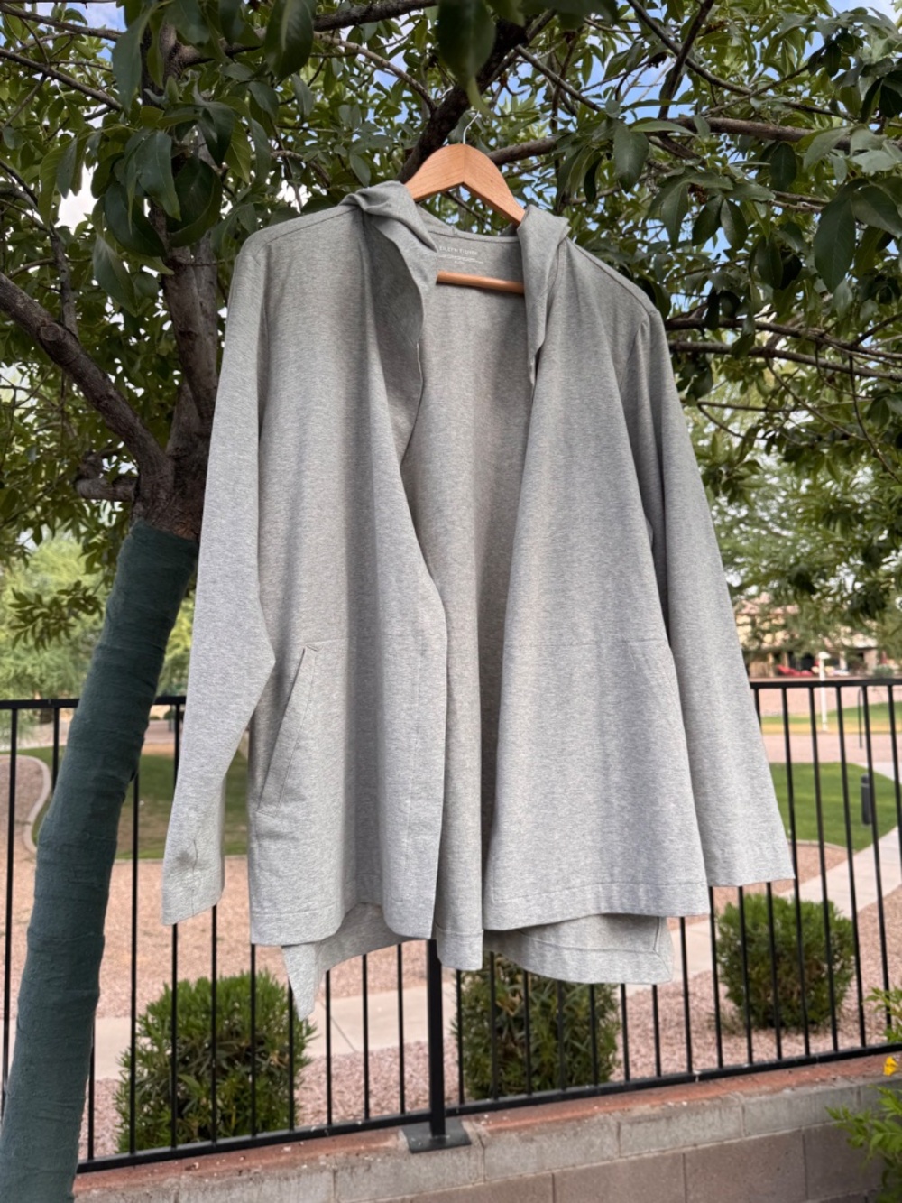 EILEEN FISHER HOODED CARDIGAN HEATHERED LIGHT GRAY SIZE XL